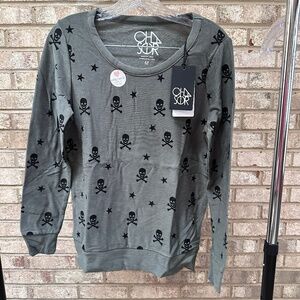 NEW Chaser Skull Print Army Green Long Sleeve Top - Misses Small